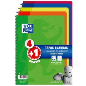 oxford cuaderno espiral 80 hojas 4x4 con margen tapas blandas folio colores vivos pack 4+1 