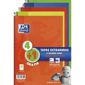 oxford cuaderno espiral write&erase 80 hojas 4x4 con margen tapas extraduras folio colores vivos pack 4+1 