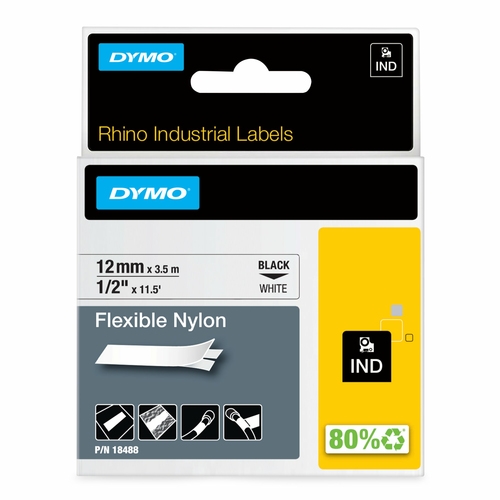 dymo rhino cinta de etiquetas industrial adhesiva id1 12, negro sobre blanco de 12mmx3,5m, nylon flexible (s0718100)