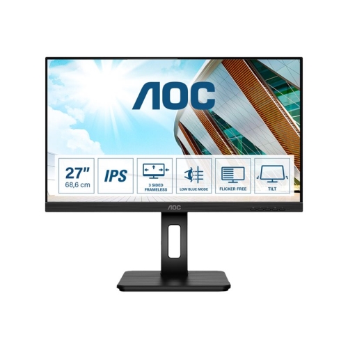 aoc monitor led 27p2q 27" ips 1920 x 1080 full hd 75hz 4 ms regulable en altura pivotante hdmi, dvi, displayport, vga 4xusb altavoces negro