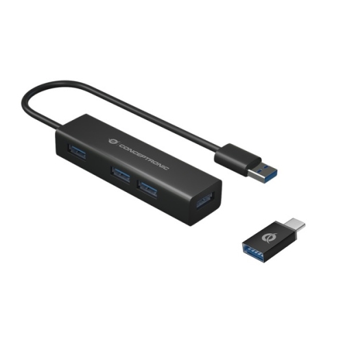 hub usb c 3.0 conceptronic hubbies07b 4 puertos usb 3.0 color negro carcasa de aluminio con adaptador usb c a usb a