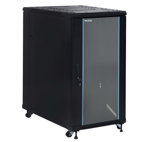 armario rack suelo 19" phasak pro 27u 600x1000 negro, 2 bandejas fijas+ventilación x4 12" + regleta x6