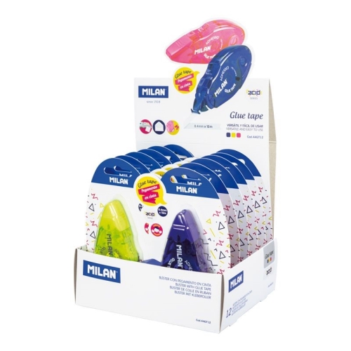 milan pegamento en cinta 8,4mm x 12m colores surtidos blister expositor 12u