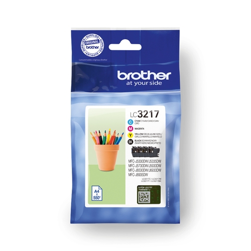 brother pack de 4 cartuchos de tinta negro, cian, magenta y amarillo lc3217val para mfcj5330, mfcj65