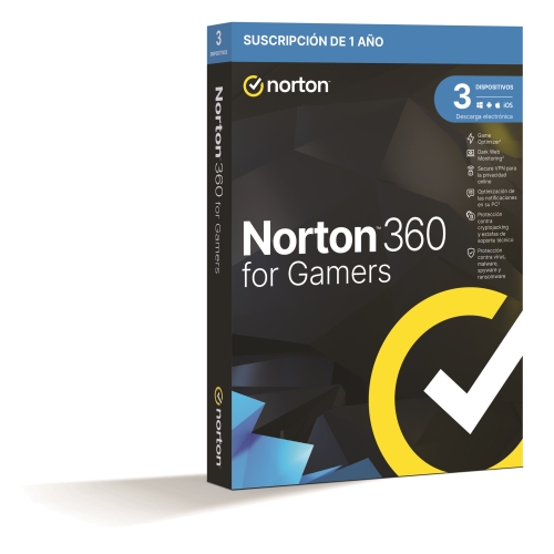 norton 360 for gamers antivirus 50gb almacenamiento 1 usuario 3 dispositivos 12 meses game optimizer safecam secure vpn dark web monitoring caja