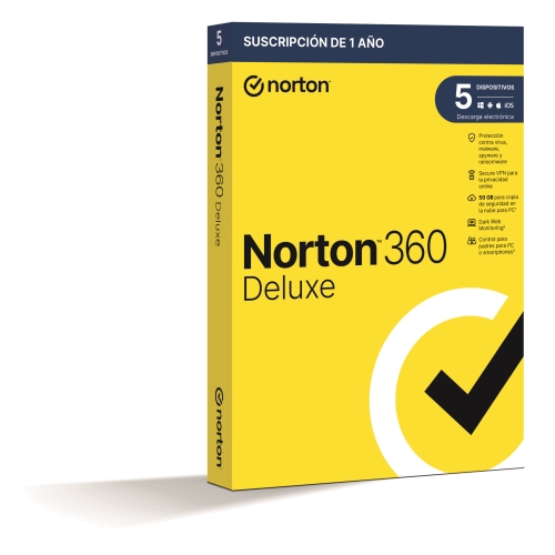 norton 360 deluxe antivirus 50gb almacenamiento 1 usuario 5 dispositivos 12 meses control parental horario escolar dark web monitoring caja