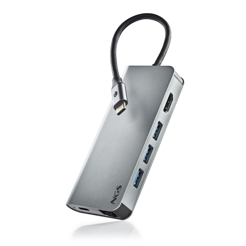 ngs adaptador multipuerto usb c 8 en 1 usb3.0, usb c, hdmi, red, tarjeta sd y tarjeta tf aluminio