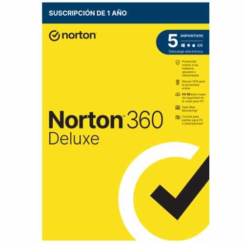 norton 360 deluxe antivirus 50gb almacenamiento 1 usuario 5 dispositivos 12 meses control parental horario escolar dark web monitoring esd licencia electrónica