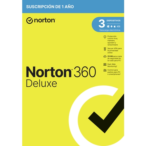 norton 360 deluxe antivirus 25gb almacenamiento 1 usuario 3 dispositivos 12 meses control parental horario escolar dark web monitoring caja