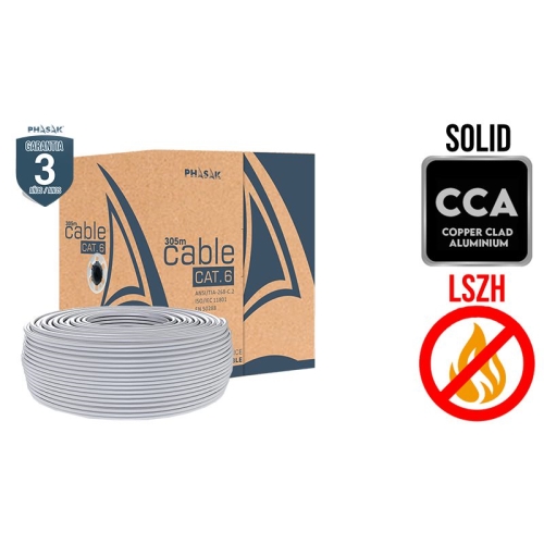 bobina de cable phasak utp cat. 6 cca sólido awg23 lszh 305m