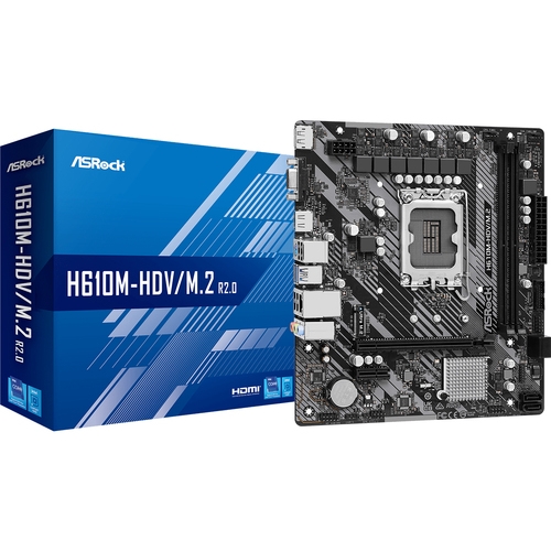 placa base 1700 microatx asrock h610m hdv/m.2 r2.0 2xddr4 (hasta 64gb 3200 mhz oc) 4xsata 1 x m.2 usb 2.0 (4/2) usb 3.2 (2/2) hdmi vga dp