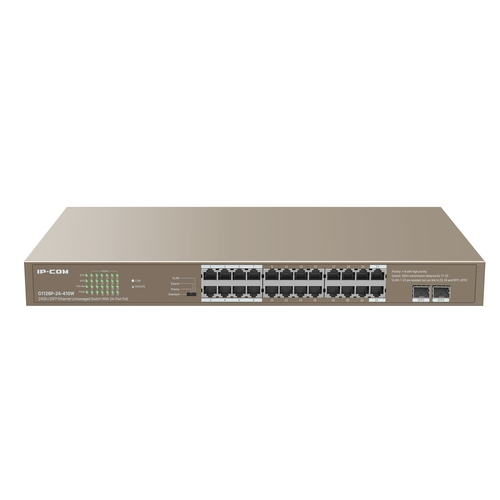 ip com g1126p 24 410w switch 24 puertos gigabit 10/100/1000 + 2 puertos sfp 24 puertos poe hasta 30w metálico rack