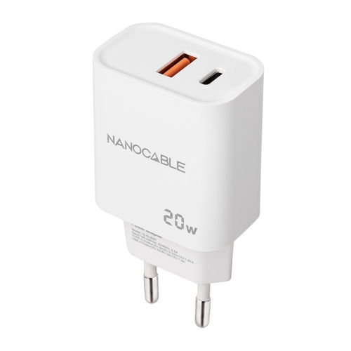 cargador usb c/pd + usb a/qc 20w blanco