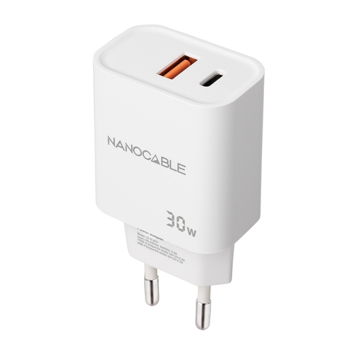 cargador usb c/pd + usb a/qc 30w blanco