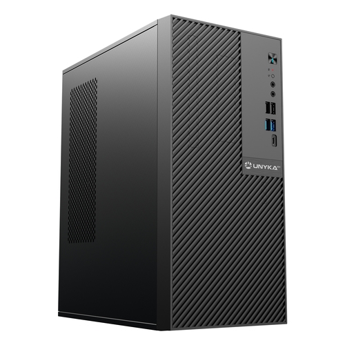 unyka numen 500 pro type c microatx sin fuente 295 170 353 2xusb 2.0 2xusb 3.0 1xusb c 2.0 jack audio 150mm max cpu 250mm max vga