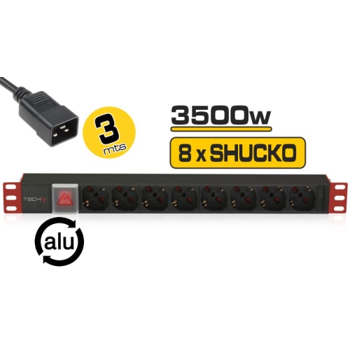 phasak regleta 19" 8 tomas, conector iec c20, con interruptor, 3m negra