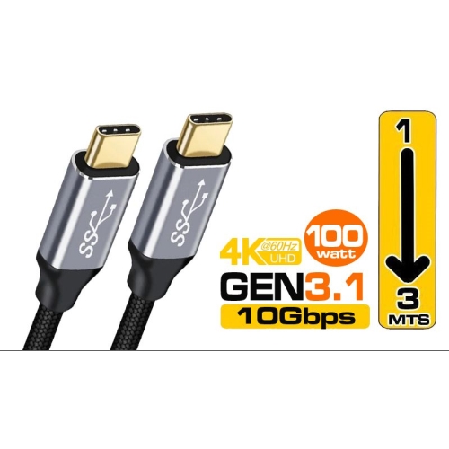 cable usb 3.2 gen2 c c (thunderboldt) 100w 10 gbps 4k 60hz 3 metros