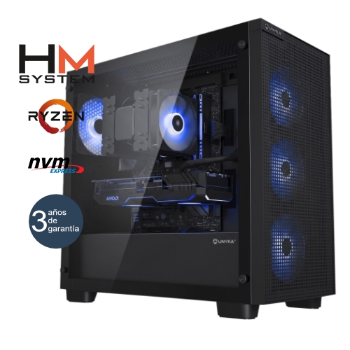 hm system ryzen helios gaming torre rgb amd ryzen 7 8700g 32gb 6000mhz 1tb m.2 nvme rtx 5070 oc 12gb 750w 80+ bronze wifi 3 años garantía 30 días doa