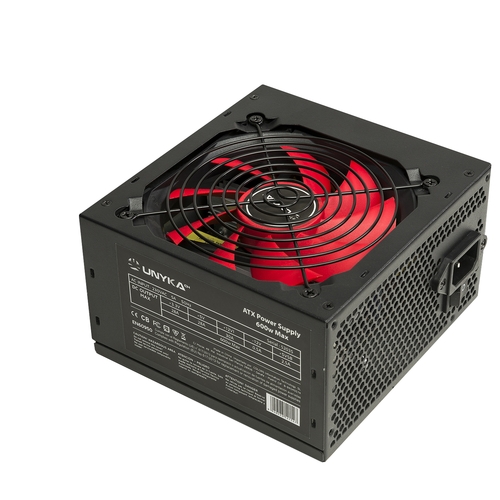 fuente alimentación unykach gaming atx 600w pfc pasivo 4xsata 1xpciex (6+2 pines) atx 12v 4+4 3xmolex ventilador de 12 cm