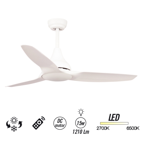 ventilador leveche techo 1220 mm altura graduable mando a distancia 5 velocidades motor dc función invierno/verano luz led integrada acabado en blanco