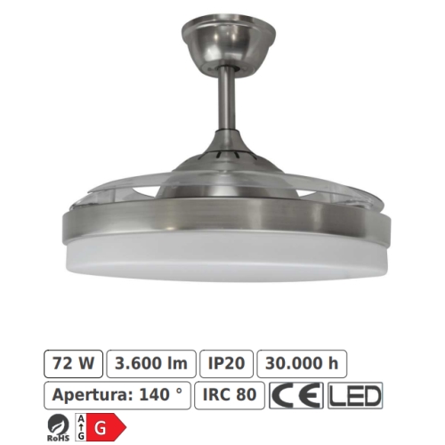 ventilador tahití techo 1060 mm mando a distancia 6 velocidades motor dc luz led integrada acabado en niquel