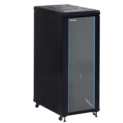Armario rack suelo 19" PHASAK-PRO 37U 600x600 negro, 2 bandejas fijas+Ventilación X4-12" + Regleta X6