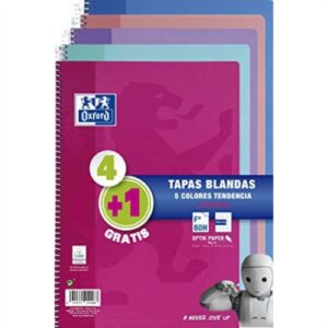 OXFORD CUADERNO ESPIRAL 80 HOJAS 4X4 CON MARGEN TAPAS BLANDAS FOLIO COLORES TENDENCIA -PACK 4+1-