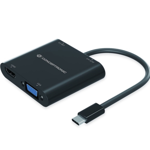 Conceptronic - Adaptador USB-C 4 en1 DONN09 - HDMI VGA USB-C PD USB 3.0 Jack Audio