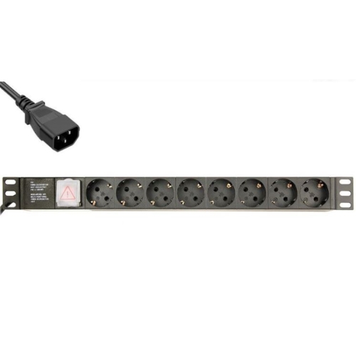 Phasak - Regleta 19" 8 tomas Schuko, conector IEC C14 (SFO Macho), 3680W 16A 3m Negra, 1U
