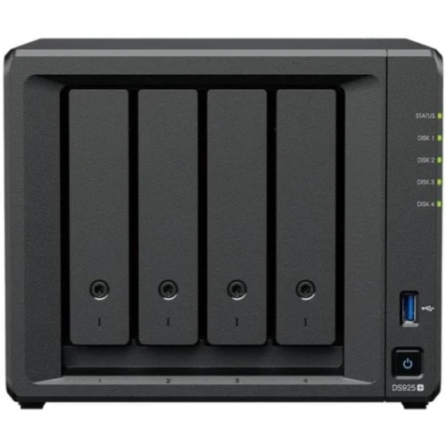 Synology DS925+ NAS - 4 bahías (3.5"/2.5") - 1 x M.2 - AMD Ryzen V1500B 4 núcleos - 4GB ECC SoDimm - 2 zócalos memoria (1 usado) - 2x2.5GbE - 2xUSB 3.2 - USB-C