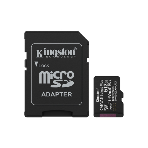 Kingston Tarjeta Micro SDXC 512GB Clase 10 100MB/s Canvas Select Plus + Adaptador SD