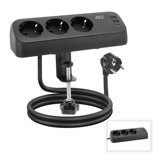 ACT Regleta de escritorio con 3 enchufes, USB-C, USB-A y carga de 30 W