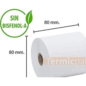 PAPEL TERMICO 80X80X12 MM 56GR - PAQUETE DE 8 ROLLOS - SIN BISFENOL-A (Caja completa 6 paquetes)