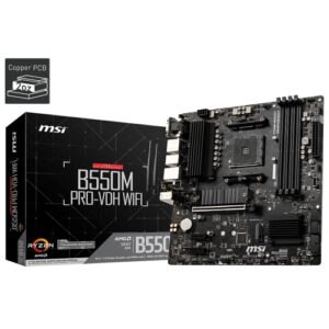 Placa base AM4 microATX MSI B550M Pro-VDH Wifi - 4xDDR4 (hasta 128 GB 4400 Mhz OC) - 4 x SATA RAID - 2 x M.2 - USB 2.0 (2/4) - USB 3.2 (4/2) - USB-C 3.1 interno - HDMI - VGA - DP - Wifi - BT 4.2